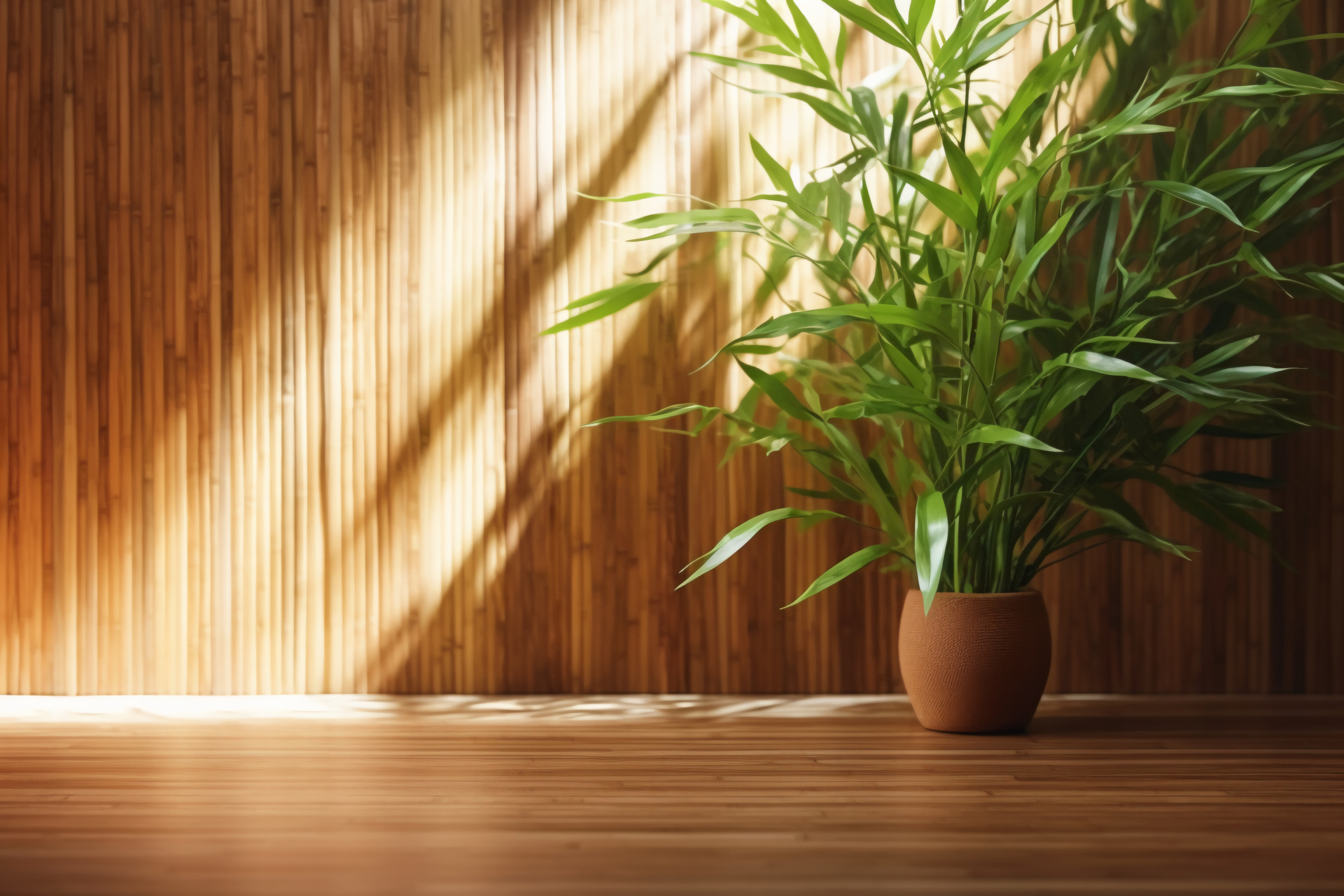 Na tym obrazku widoczny jest elegancki doniczkowy bambus, dumnie stojący na podłodze, tworząc wyjątkową ozdobę w pomieszczeniu. Jego długie, zielone łodygi delikatnie się pochylają, dodając harmonii i spokoju do otoczenia. Tło ściany stanowi idealne tło dla tego roślinnego piękna, podkreślając jego naturalny urok i wprowadzając do wnętrza przyjemną atmosferę natury