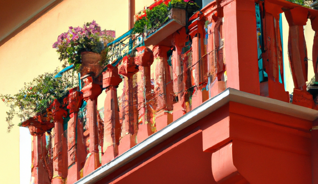 Czerwony balkon z kwiatami i płytkami