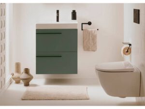 Meble łazienkowe, które cechują się funkcjonalnością i nowoczesnym wykończeniem w modnej zieleni