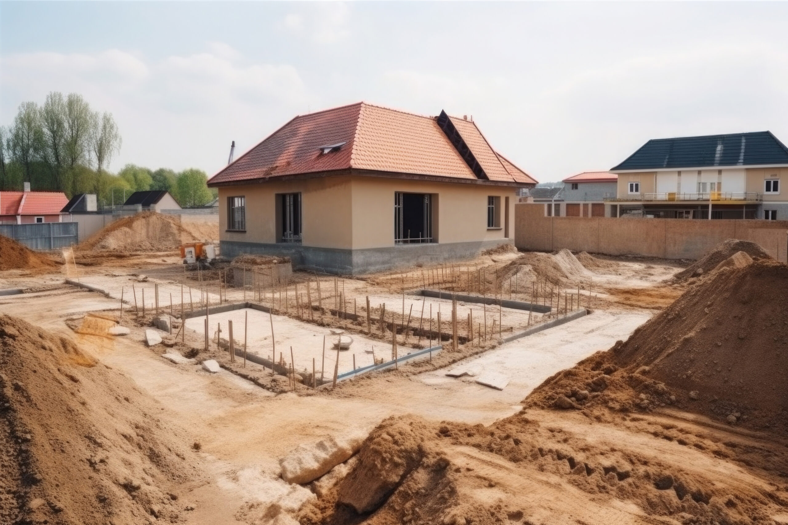 Na tym obrazku widzimy fundamenty pod budowę przestronnego domu o powierzchni 100 metrów kwadratowych. Solidne i starannie wykonane fundamenty stanowią podstawę stabilności i trwałości całej konstrukcji, zapewniając solidną podstawę dla przyszłego domu.