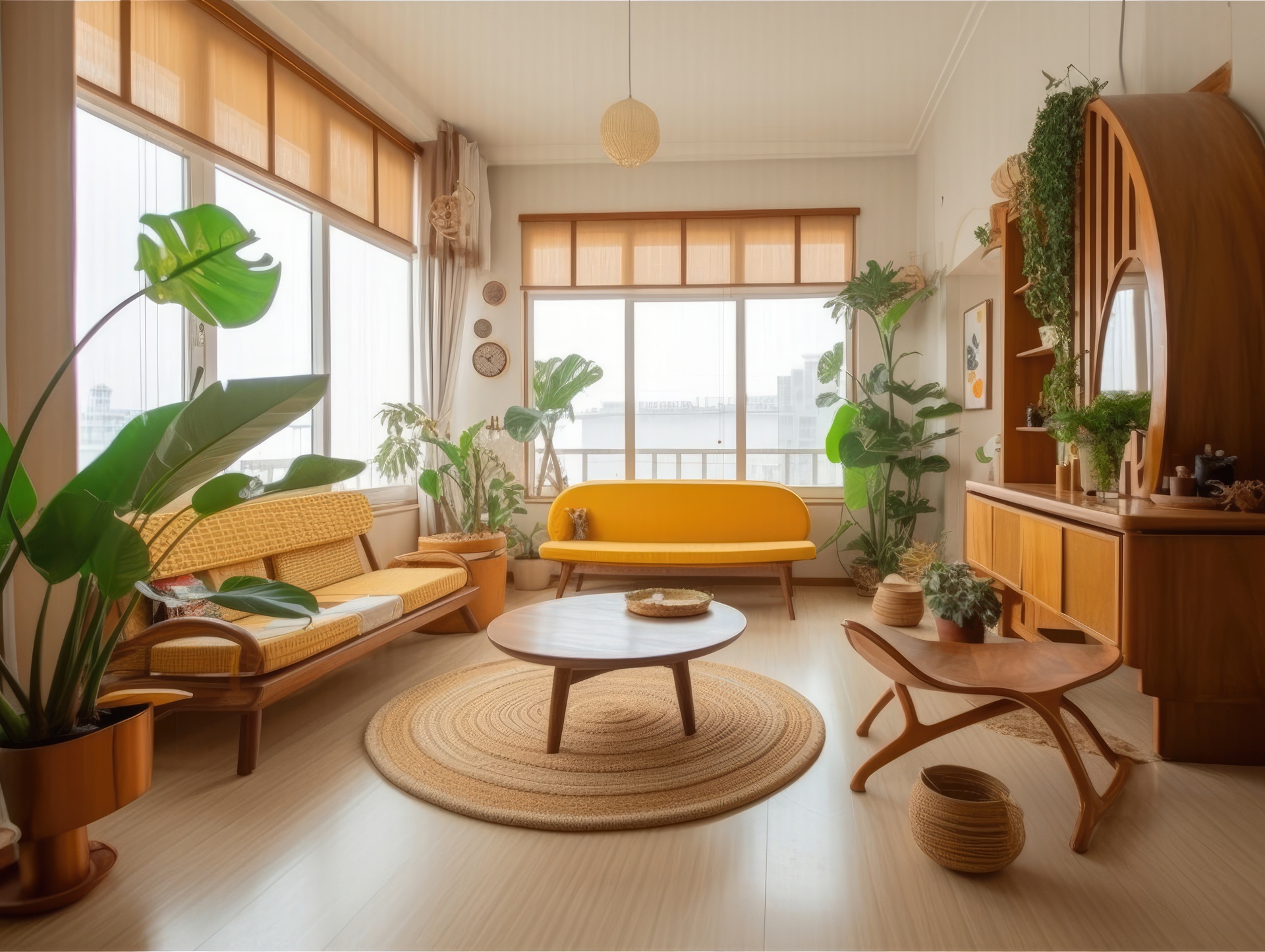 Na tym zdjęciu widzimy wnętrze domu urządzonego w stylu japońskim. Wnętrze jest minimalistyczne i harmonijne, a każdy element wnętrza ma swoje miejsce i cel. Na podłodze znajduje się tatami, a ściany są pokryte shoji - tradycyjnymi drzwiami przesuwnymi z papieru ryżowego. W pomieszczeniu znajdują się niskie meble - takie jak stolik kawowy i poduszki z ziarna gryki - oraz rośliny, które dodają wnętrzu naturalnego klimatu. Całość tworzy spójną i harmonijną aranżację, która sprawia, że wnętrze wygląda oryginalnie i nowocześnie, a jednocześnie emanuje spokojem i harmonią.