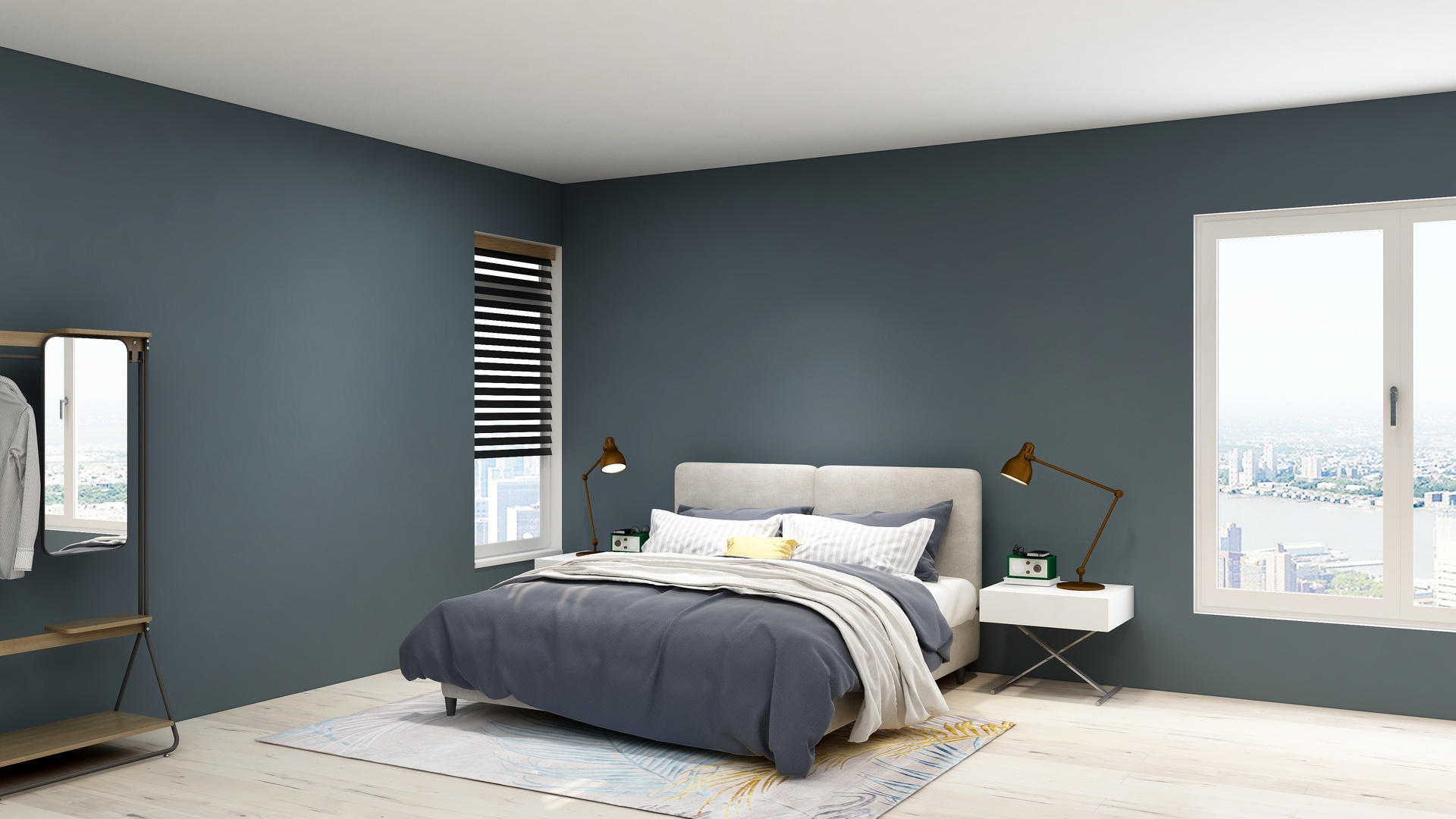 Na obrazku widoczne jest wnętrze minimalistycznej sypialni. Wnętrze urządzone jest w jasnych kolorach, z dominującym białym kolorem, który sprawia, że sypialnia wydaje się przestronna i jasna. Meble są proste, a dodatki i ozdoby zostały zredukowane do minimum, co nadaje wnętrzu eleganckiego i spokojnego charakteru. Wnętrze minimalistycznej sypialni to doskonałe rozwiązanie dla osób, które cenią sobie prostotę i minimalizm oraz chcą stworzyć sobie wypoczynek w spokojnej i harmonijnej przestrzeni. Obrazek może stanowić inspirację dla osób szukających pomysłu na aranżację swojej sypialni w stylu minimalistycznym.
