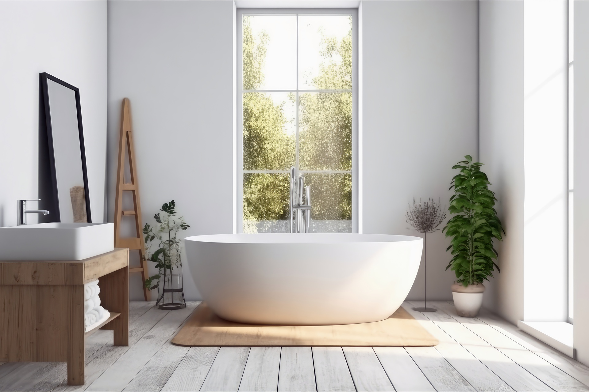 Na obrazku możemy zobaczyć elegancką białą łazienkę z subtelnie wkomponowanymi elementami drewna. Połączenie bieli i drewna nadaje wnętrzu harmonijnego i przyjemnego charakteru. Drewniane akcenty dodają ciepła i naturalnego piękna, tworząc przytulną atmosferę w łazience