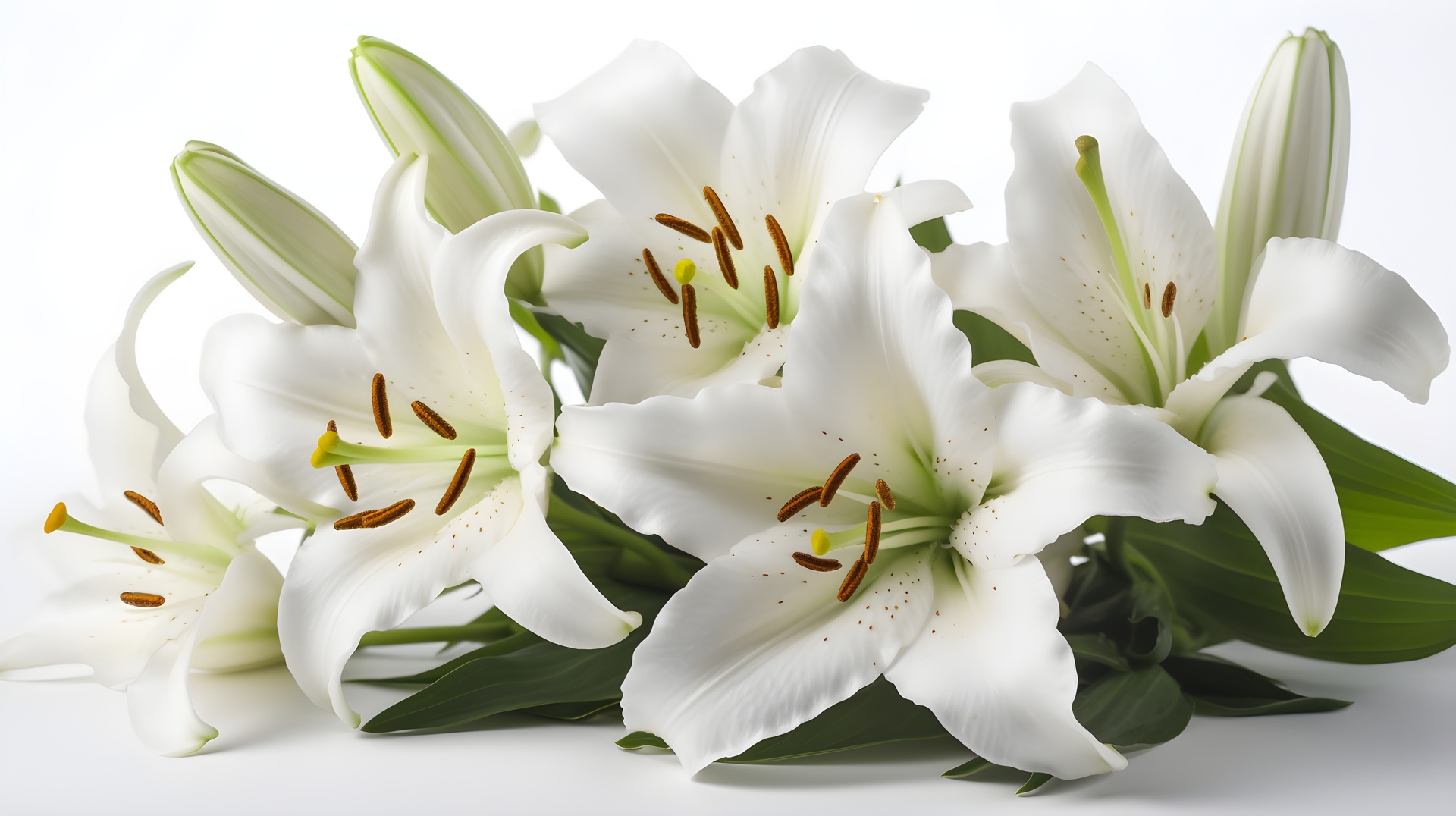 Na tym ujęciu możemy podziwiać eleganckie białe lilie, które są kwintesencją delikatności i piękna. Kwiaty o nieskazitelnym białym kolorze przyciągają uwagę swoją prostotą i czystością. Ich płatki, delikatnie rozchylone, ukazują subtelne tekstury i delikatne łukowate kształty, tworząc wspaniałą kompozycję natury
