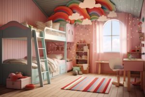 Na zdjęciu przedstawiony jest przestronny pokój dziecięcy dla dwóch osób. W centrum uwagi znajduje się duże łóżko piętrowe, które pozwala zaoszczędzić miejsce w pomieszczeniu. Na ścianach widać kolorowe plakaty oraz półki z zabawkami, które dodają uroku i przytulności wnętrzu.