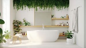 Na tym ujmującym obrazku możemy podziwiać łazienkę wypełnioną pięknymi zielonymi roślinami. Rośliny dodają pomieszczeniu świeżości i naturalnego uroku, tworząc przyjemną atmosferę relaksu. Zieleń roślin w łazience nie tylko estetycznie wygląda, ale również przyczynia się do poprawy jakości powietrza, tworząc przyjemne środowisko do wypoczynku i odprężenia