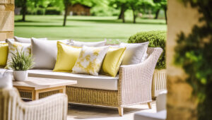 Ten urokliwy obrazek przedstawia przepiękny ogród w stylu Hampton, w którym dominują wiklinowe meble. Ogród emanuje elegancją i nadmorskim urokiem, a wiklinowe meble dodają mu przytulności i naturalnego charakteru. Stylowe fotele, stolik kawowy i sofistyki z wikliny tworzą wyjątkowy klimat, idealny do relaksu i delektowania się pięknem otaczającej przyrody