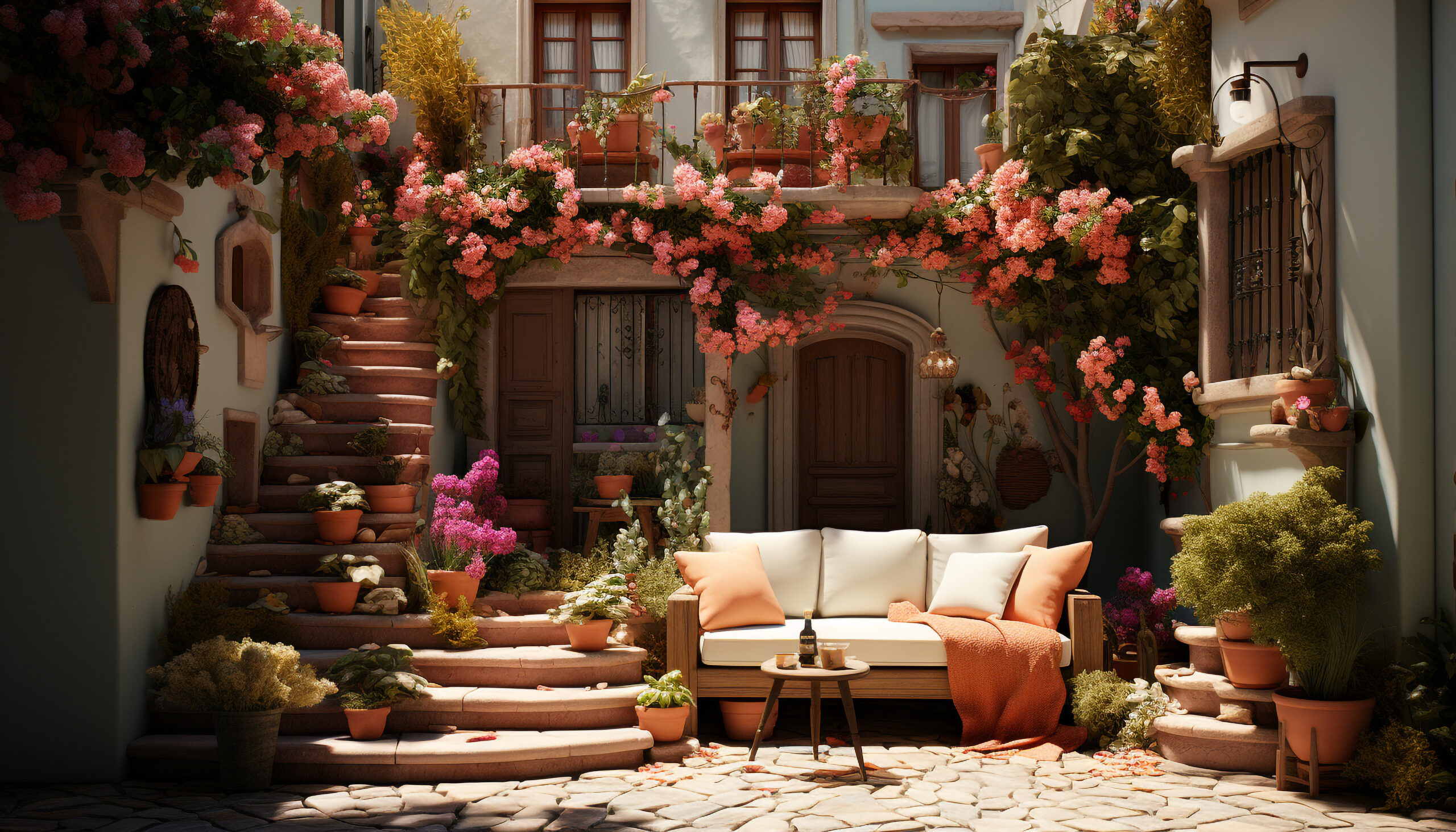 Ten ujmujący obrazek przedstawia romantyczny ogród, który rozkwita w pełni pięknych, kolorowych kwiatów, tworząc magiczną atmosferę pełną uroku i czaru