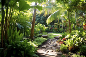 Ten ujmujący obrazek ukazuje zapierający dech w piersiach tropikalny ogród, wypełniony bujnymi roślinami, kolorowymi kwiatami i egzotyczną roślinnością, tworzący rajską oazę piękna i spokoju