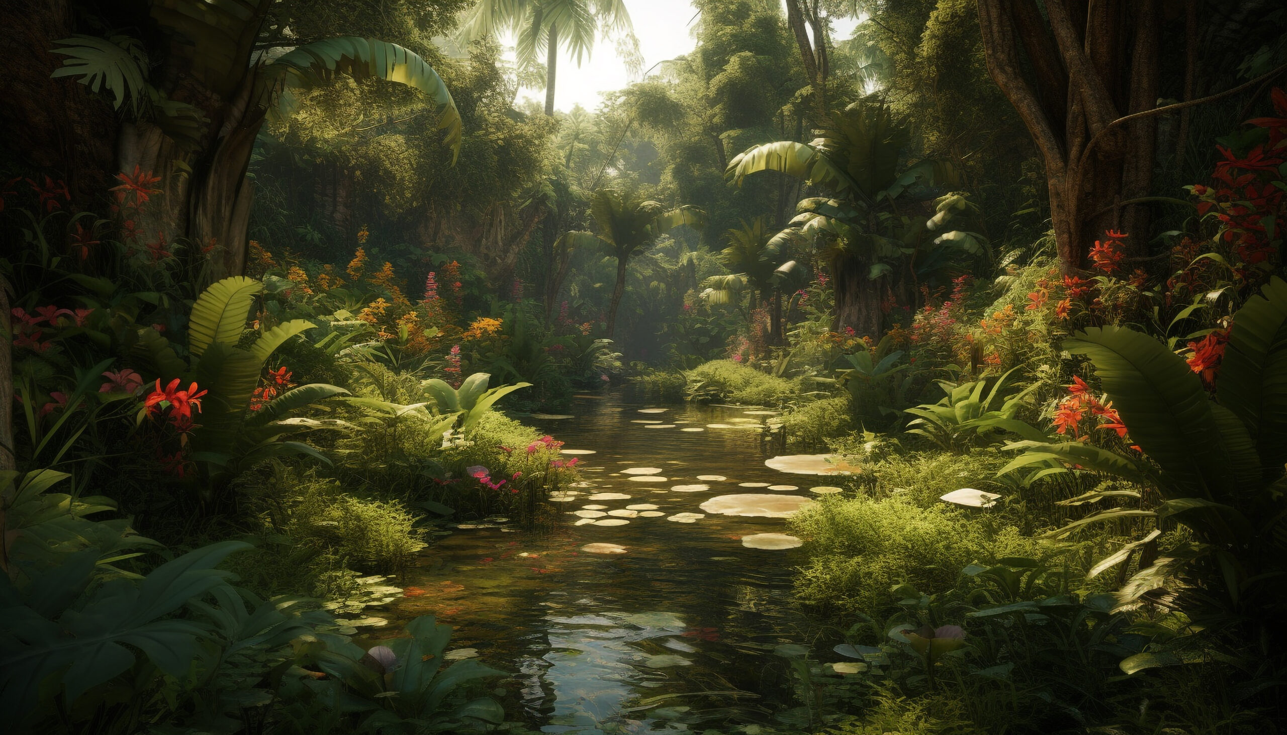 Na tym malowniczym obrazku przedstawiono uroczy ogród w stylu Eden, pełen egzotycznych roślin, soczystej zieleni i kaskadujących wodospadów, tworzący rajską oazę spokoju