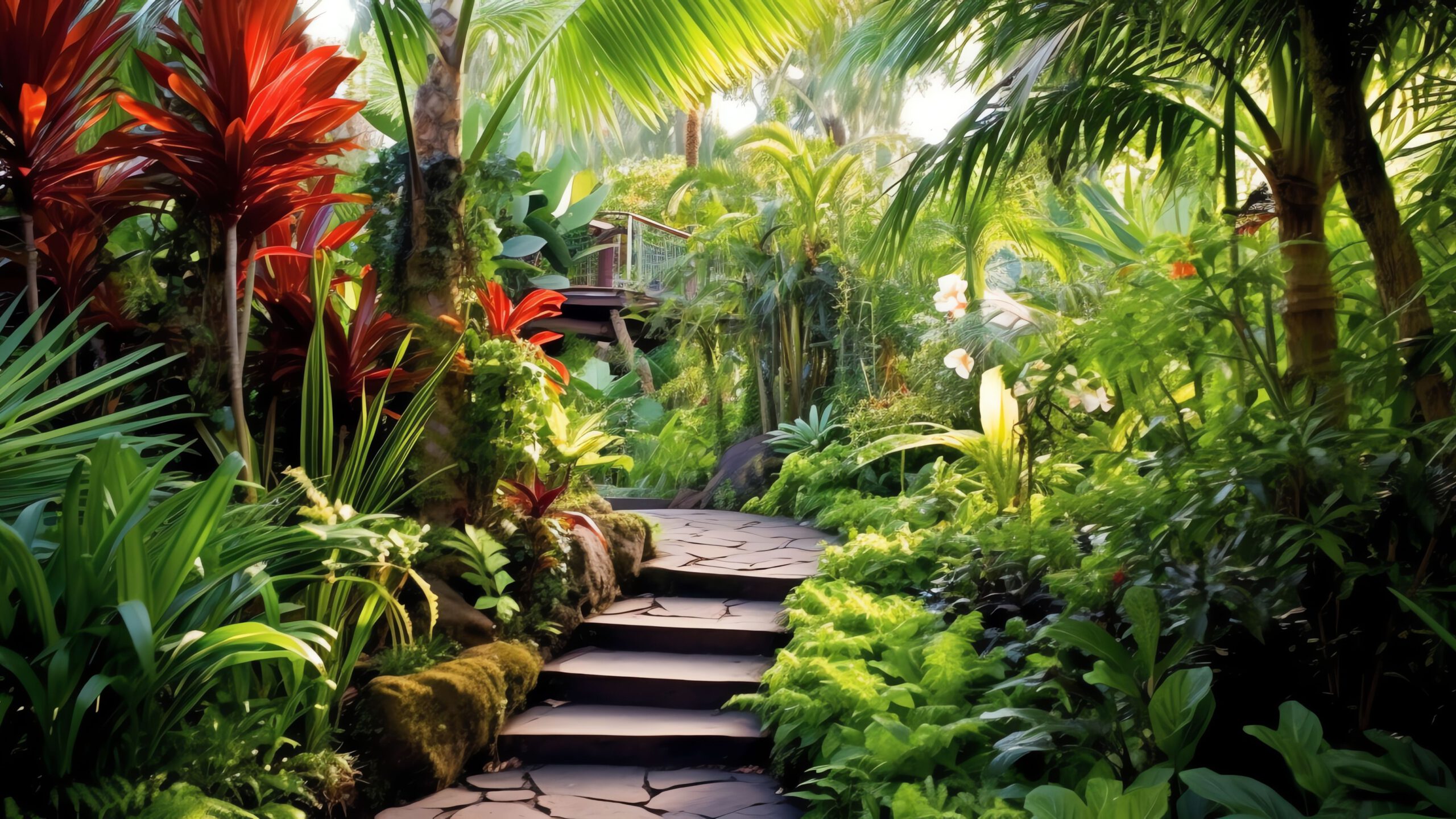 Na tym wspaniałym obrazku widzimy niesamowity ogród w stylu tropikalnym, z bujną roślinnością, kolorowymi kwiatami i egzotycznymi drzewami, tworzący rajskie zakątki w sercu natury