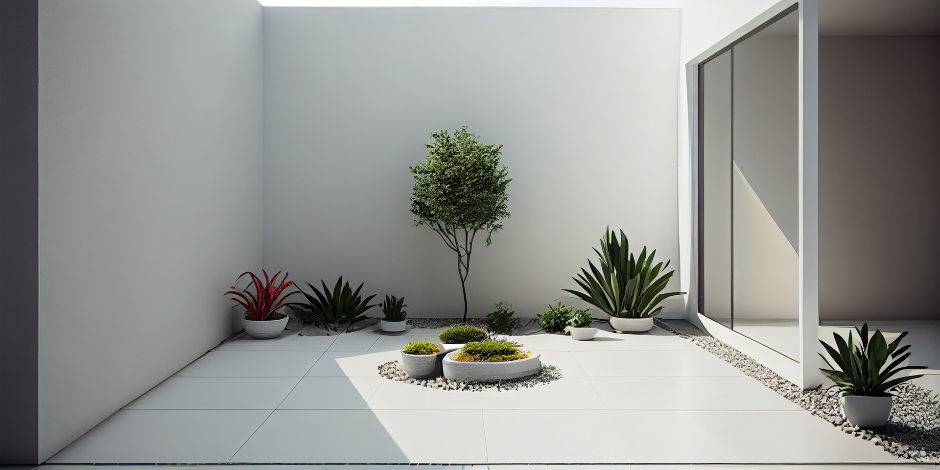 Na tym zapierającym dech w piersiach obrazku możemy podziwiać biały ogród w stylu minimalistycznym, gdzie dominuje czystość i elegancja. Białe kwiaty, geometryczne kształty i minimalizm w aranżacji tworzą spokojną i harmonijną przestrzeń, która emanuje prostotą i równowagą. Ten biały ogród w stylu minimalistycznym zapewnia wizualną lekkość i optymalną równowagę, tworząc przyjemne miejsce do wyciszenia i kontemplacji