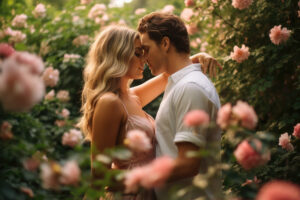 Ten urokliwy obrazek ukazuje parę, która przytula się w otoczeniu romantycznego ogrodu pełnego kwiatów, tworząc niezwykle intymną i czułą atmosferę
