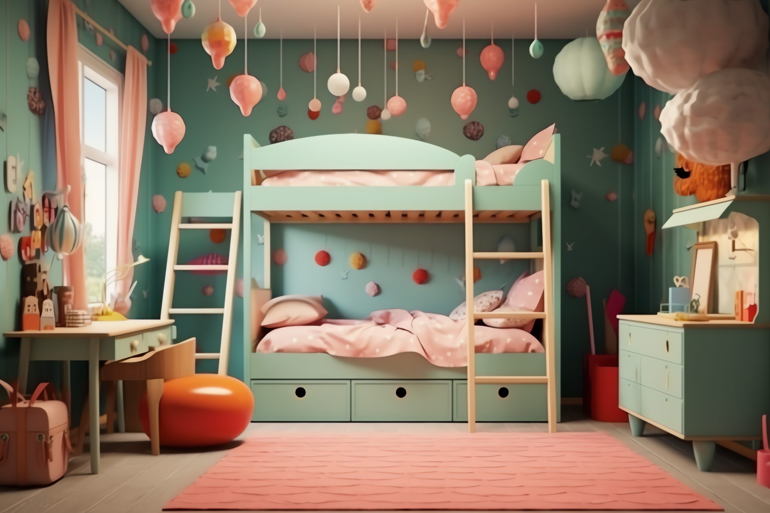 Przedstawione zdjęcie ukazuje przytulny pokój dla dwójki dzieci. Na środku pokoju znajduje się duże łóżko z wygodnymi materacami i kolorową pościelą. Na ścianach widoczne są półki z książkami oraz ozdobne naklejki z postaciami z bajek. Przestrzeń ta została urządzona w sposób funkcjonalny i estetyczny, zachęcając dzieci do zabawy i odpoczynku.