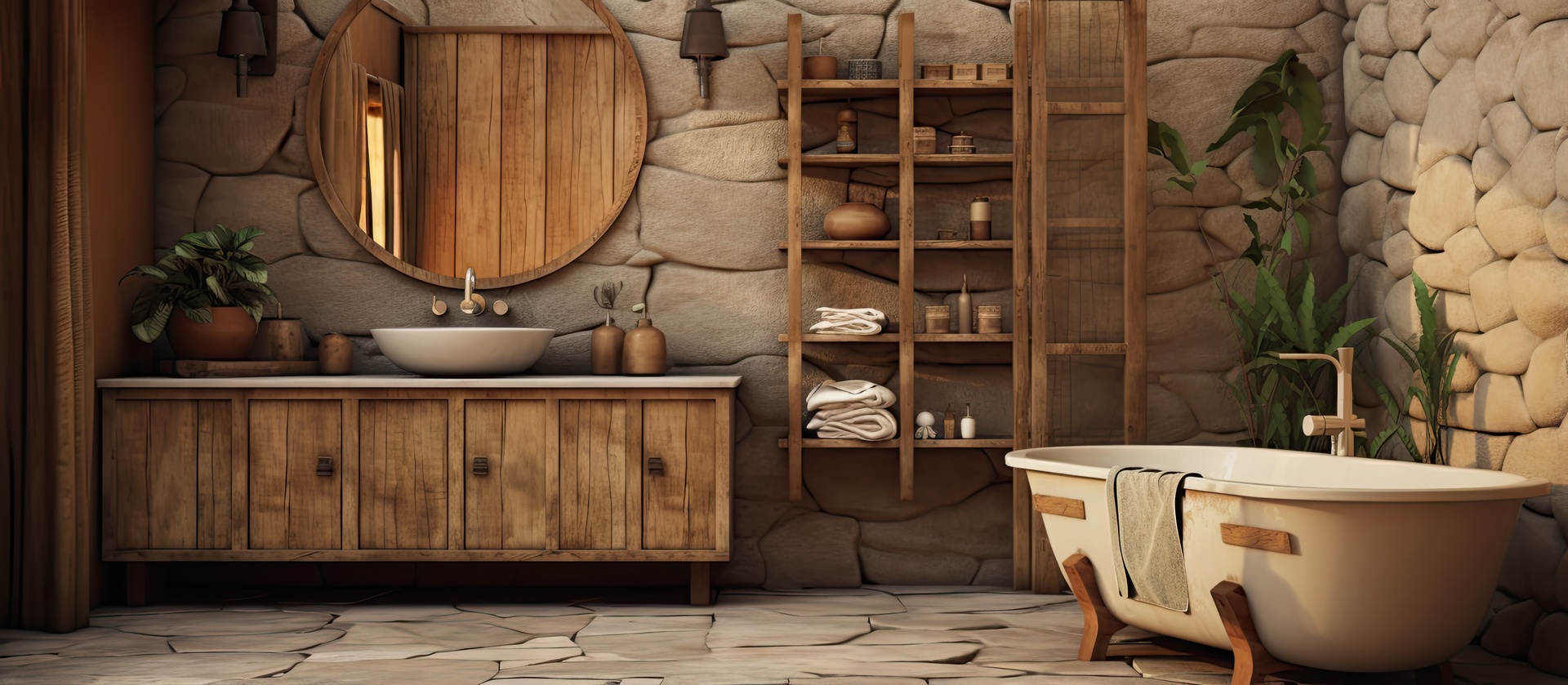 Na tym pięknym obrazku możemy podziwiać rustykalną łazienkę, która oczarowuje swoim urokiem i naturalnym stylem. Drewniane belki sufitowe, drewniana podłoga i rustykalne akcenty tworzą przytulną atmosferę, przenosząc nas w sielskie wiejskie otoczenie. Rustykalna łazienka emanuje spokojem i harmonią, zapewniając idealne miejsce do relaksu i odprężenia w otoczeniu naturalnych materiałów i urokliwych detali