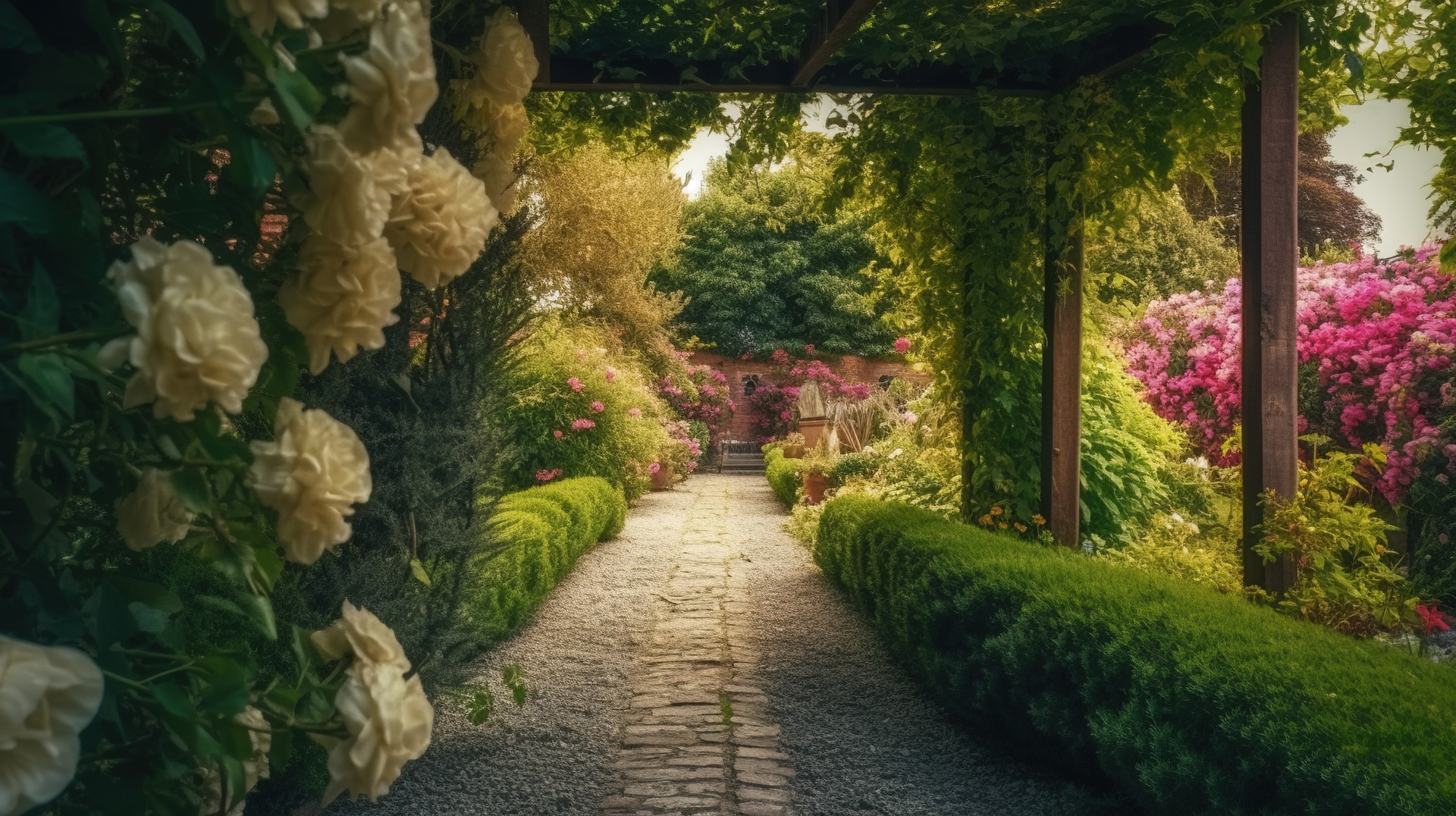 Przedstawione na zdjęciu bujne ogrody w włoskim stylu roztaczają niezwykłą atmosferę uroku i elegancji. Kaskady kwiatów, kolumny z pnączami i starannie przystrzyżone żywopłoty tworzą malowniczą scenografię. Włoski ogród, pełen kolorów i aromatów, zaprasza do zanurzenia się w romantycznym świecie przyrody i delektowania się jego niepowtarzalnym wdziękiem