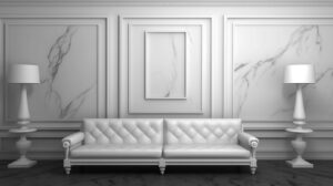 Na tym obrazku widzimy białą boazerię na ścianie, która dodaje elegancji i stylu temu wnętrzu. Jasny kolor boazerii tworzy wrażenie przestronności i optycznie rozjaśnia pomieszczenie. Biała boazeria stanowi doskonałe tło dla dekoracji i mebli, tworząc harmonijną i nowoczesną atmosferę w pomieszczeniu