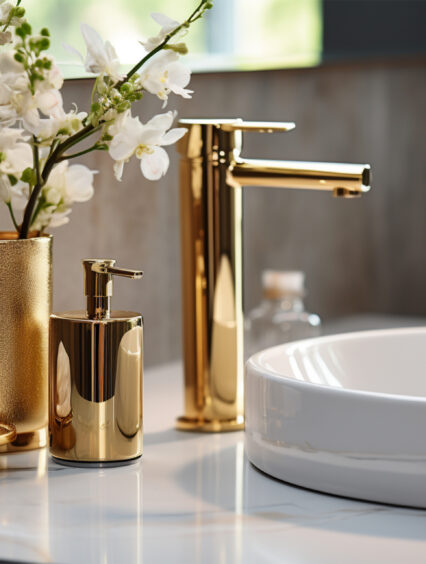 Biała łazienka ze złotym blaskiem: eklektyzm i elegancja
