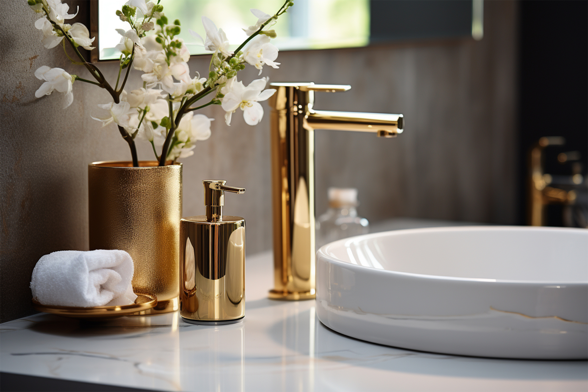 Ta urocza biała łazienka z pięknymi złotymi kranami to wyrafinowane połączenie klasyki i luksusu. Jasne płytki i eleganckie wykończenia tworzą atmosferę czystości i świeżości, podkreślając minimalistyczny design. Złote kraniki dodają tej przestrzeni wyjątkowego efektu i dodatkowej elegancji, tworząc wrażenie wytworności i luksusowego spa