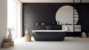 Ten obrazek ukazuje elegancką czarno-białą łazienkę, która emanuje nowoczesnym stylem i harmonią kontrastów. Czarne i białe elementy tworzą wyrafinowaną kompozycję, dodając wnętrzu wyjątkowej głębi i klasy. Delikatne akcenty, takie jak chromowane dodatki czy minimalistyczne oświetlenie, nadają tej łazience wyjątkowego charakteru i estetyki