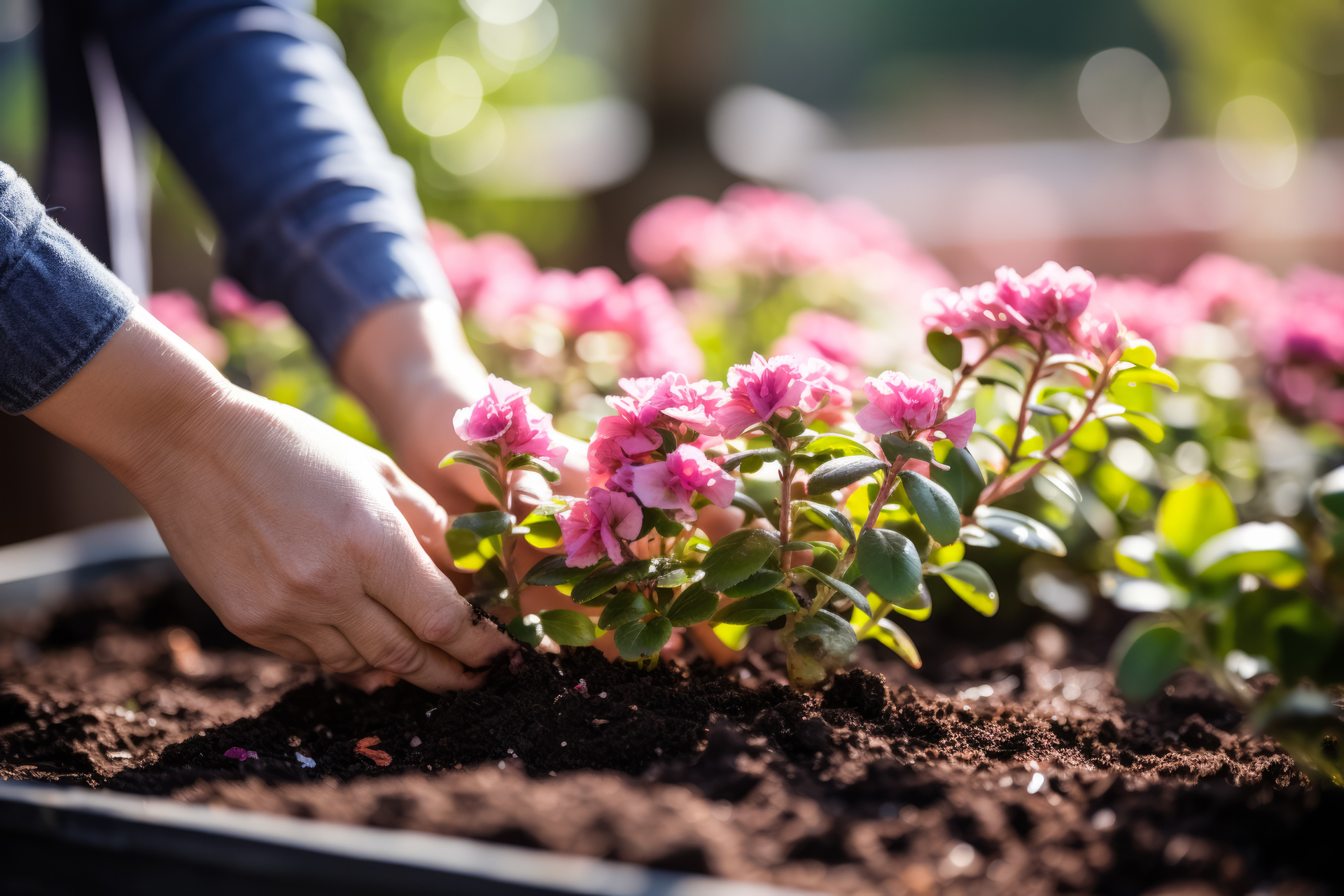 Ten ujmujący obrazek przedstawia proces sadzenia kwiatów na warstwie kompostu. Widzimy ręce, które delikatnie umieszczają kolorowe rośliny w przygotowanej ziemi, bogatej w składniki odżywcze. Kompost pełni rolę doskonałego podłoża, zapewniając optymalne warunki wzrostu i dostarczając roślinom niezbędne składniki odżywcze. Dzięki tej metodzie sadzenia, kwiaty będą miały doskonałą szansę na zdrowy rozwój i piękne kwitnienie
