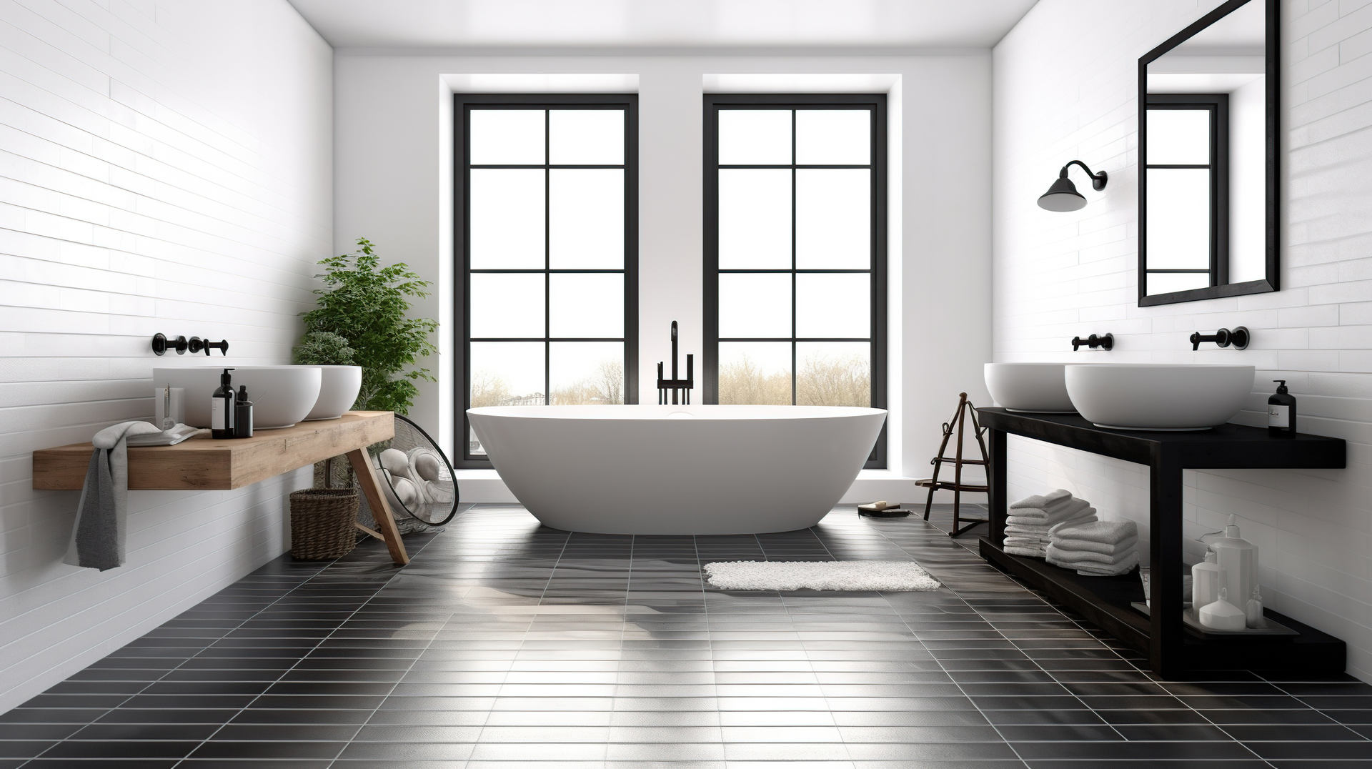 Prezentowany obrazek ukazuje minimalistyczną łazienkę o wyjątkowym uroku, gdzie czarna podłoga pełni główną rolę, nadając wnętrzu eleganckiego kontrastu. Czarne tła doskonale podkreślają jasne elementy, takie jak białe umywalki i płytki, tworząc harmonijną równowagę kolorystyczną. Łazienka z czarną podłogą emanuje nowoczesnością i stylowym designem, idealnym dla osób poszukujących unikalnych rozwiązań aranżacyjnych