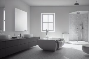 Na tym obrazku możemy podziwiać łazienkę, w której dominuje zimne światło, nadając pomieszczeniu nowoczesny i świeży wygląd. Jasne, białe światło o chłodnym odcieniu sprawia, że wnętrze wydaje się bardziej przestronne i ożywione. Zimne światło doskonale podkreśla kolorystykę i detale łazienki, tworząc jednocześnie optymalne warunki do codziennych czynności higienicznych