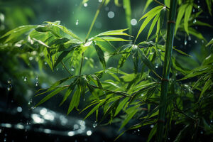 Piękny bambus parasolowaty, otoczony deszczem, który dodaje mu jeszcze więcej uroku