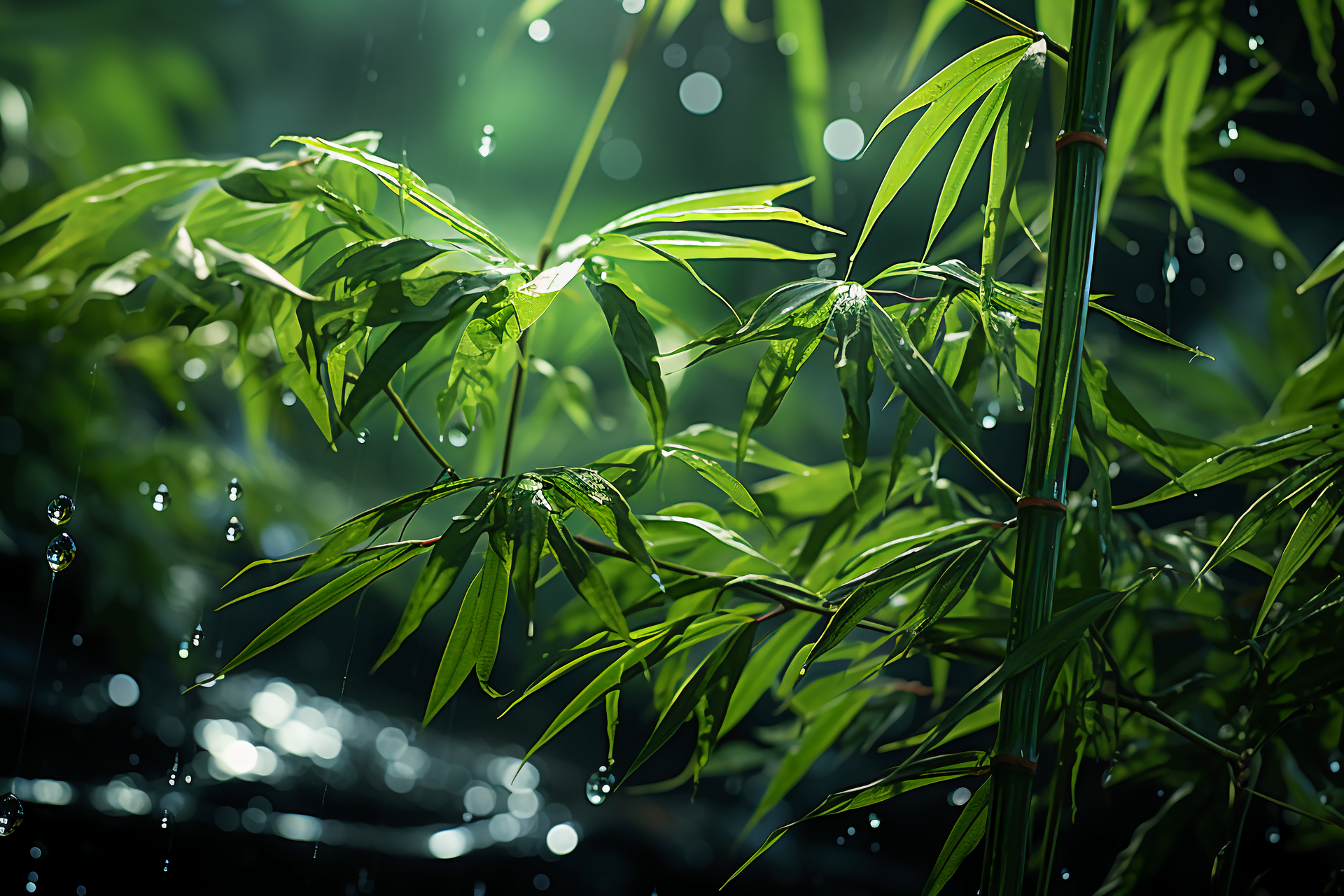 Piękny bambus parasolowaty, otoczony deszczem, który dodaje mu jeszcze więcej uroku