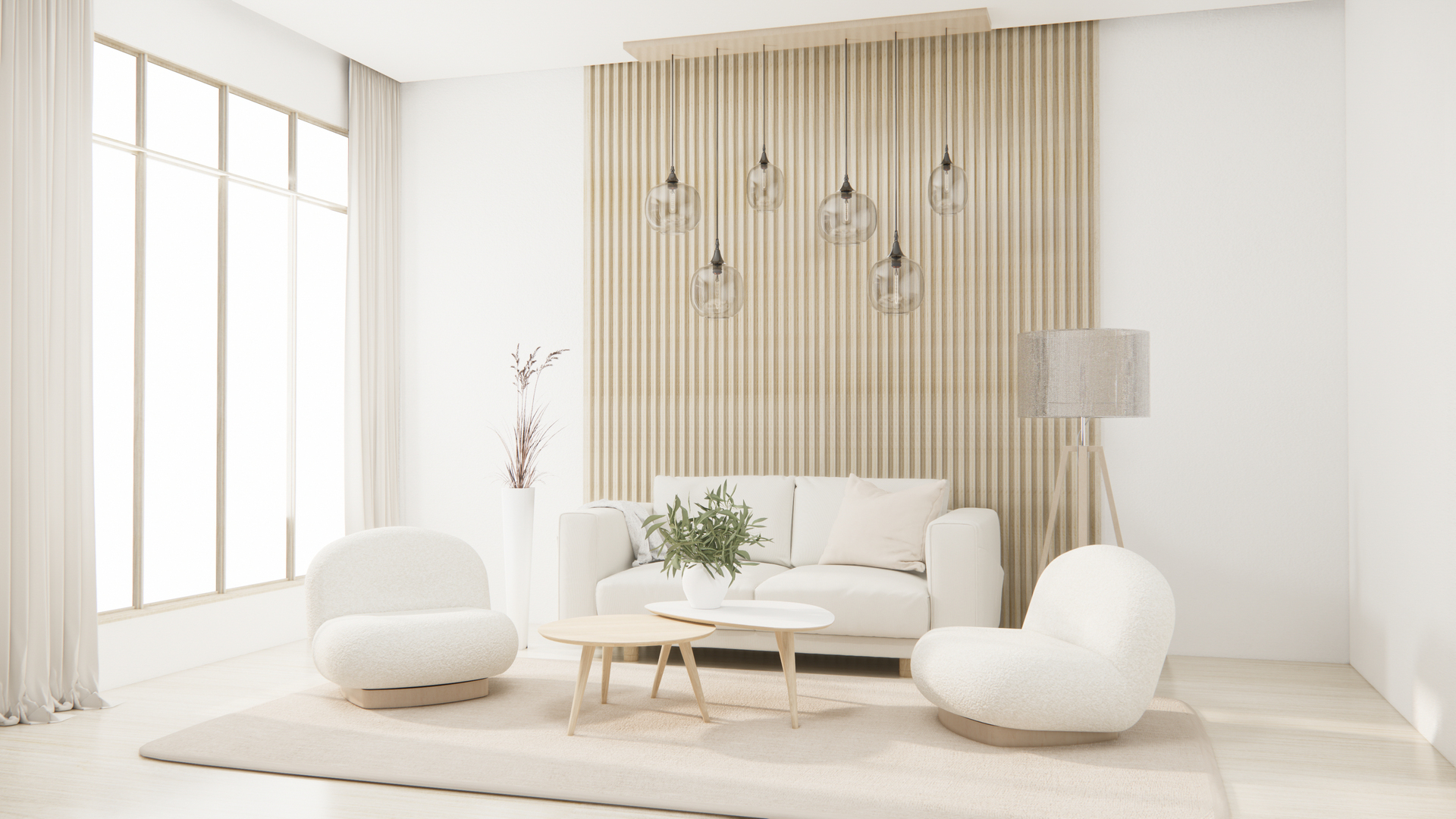 Na obrazku widoczny jest salon urządzony w stylu skandynawskim. Jasne, minimalistyczne wnętrze emanuje spokojem i harmonią. Naturalne materiały i stonowane kolory tworzą przytulną atmosferę, idealną do relaksu i wypoczynku