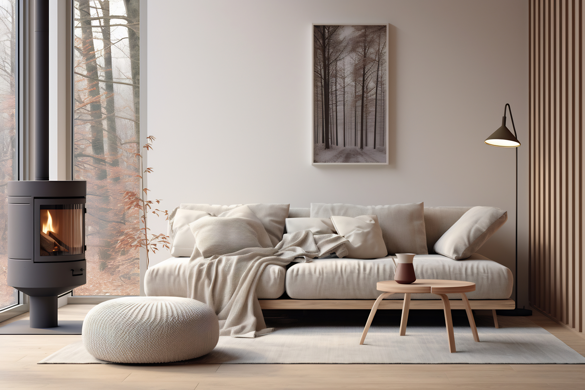 Na obrazku widać przestronny salon urządzony w stylu skandynawskim. Jasne odcienie drewna, białe ściany i minimalistyczne meble dodają przestrzeni i lekkości. Duże okna wpuszczają mnóstwo naturalnego światła, podkreślając przyjazną i otwartą atmosferę tego wnętrza