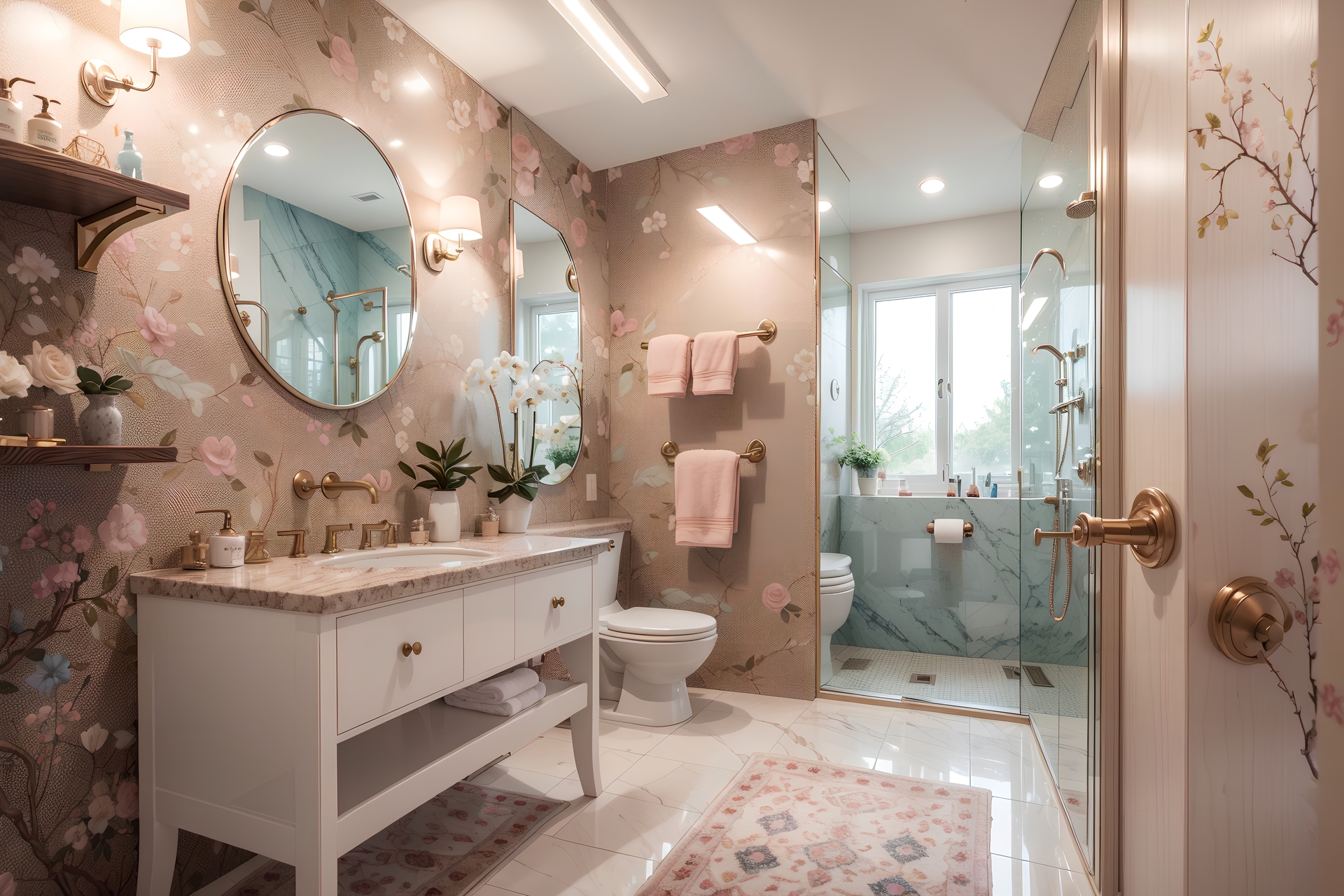 Łazienka z różową tapetą w kwiaty, tworzącą delikatną i romantyczną atmosferę