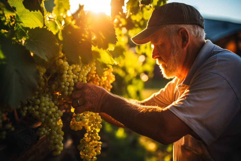 Starszy mężczyzna zrywający kiście winogron
