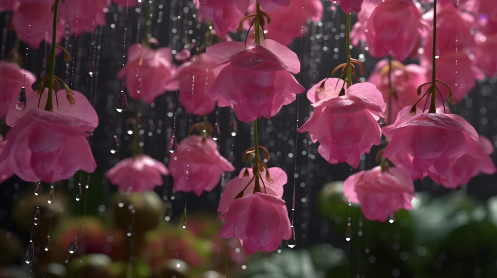 Różowe dzwonki w ogrodzie podczas deszczu